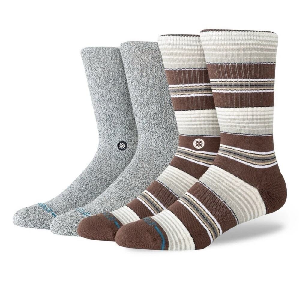 Stance Serape Crew Socks 2pk - Brown Stripe Marled Gray Large 9-12 NWT
